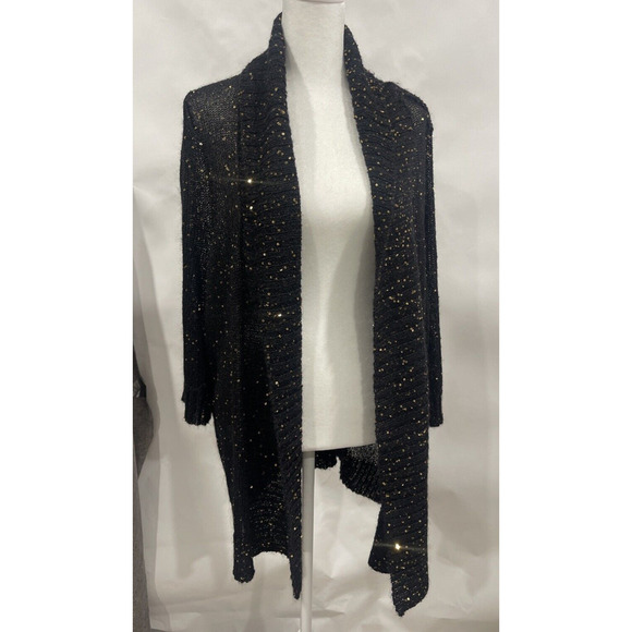 Sejour XL Sparkle Black Cardigan Open Front Gold Sequin Mohair Wool Blnd Festive - Picture 1 of 14